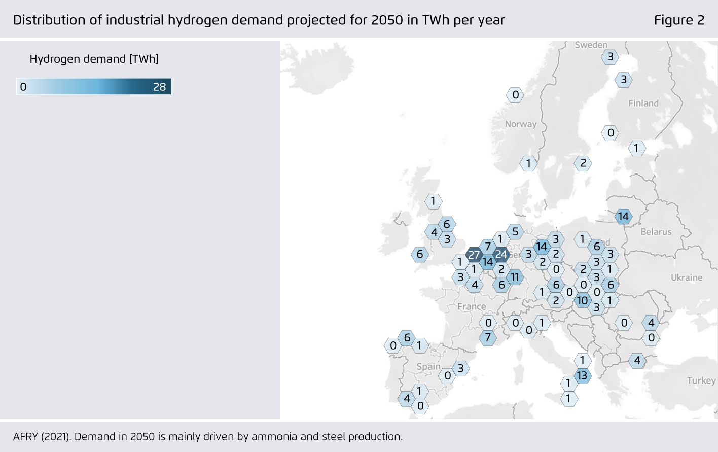 Preview for Distribution of industrial hydrogen demand projected for 2050 in TWh per year